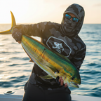 Angler in camo hooded fishing shirt holding large fish over boat side at golden hour