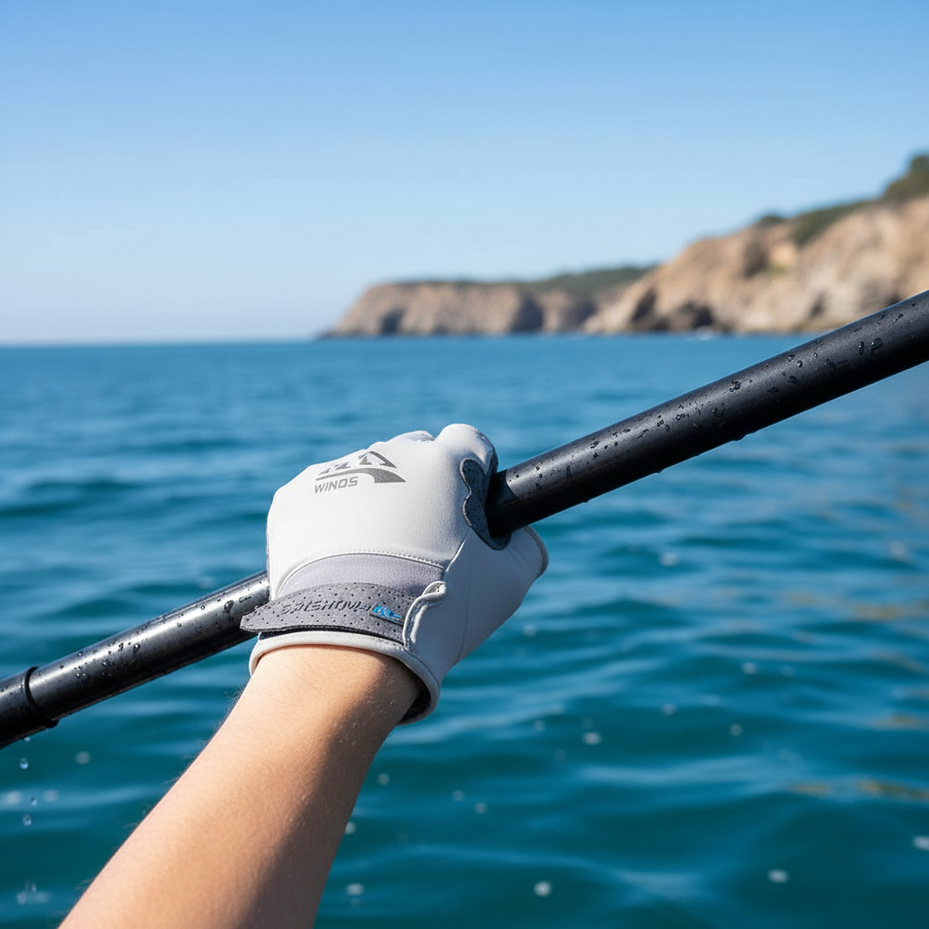 Grey fingerless gloves gripping a kayak paddle on open ocean