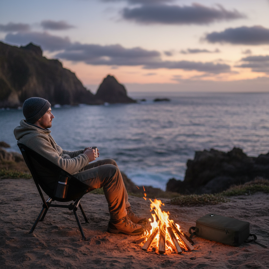 Person sitting in a compact folding camping chair beside a campfire near the ocean at dusk