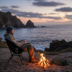 Person sitting in a compact folding camping chair beside a campfire near the ocean at dusk