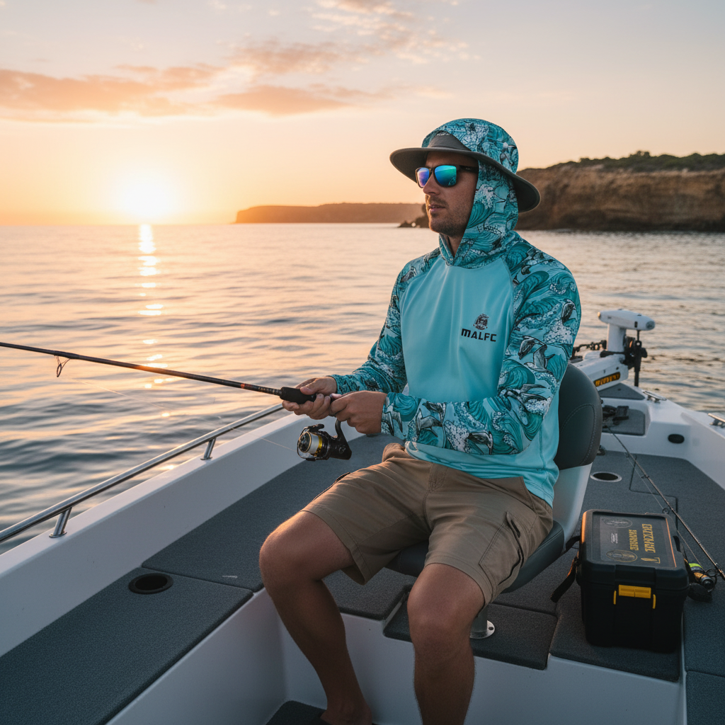Angler in UPF50 hooded fishing shirt fishing from a boat on calm blue ocean at sunrise