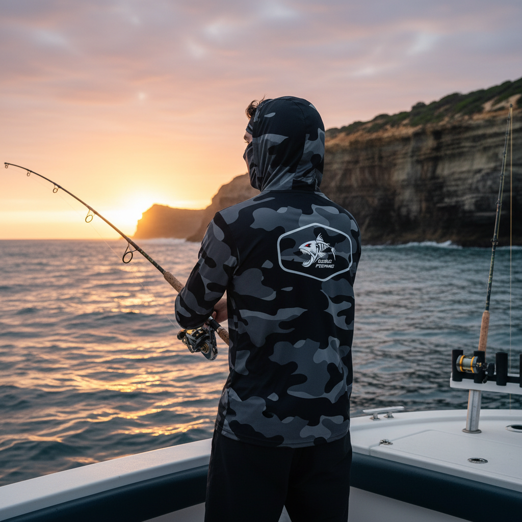 Angler in urban camo UV hooded fishing shirt fishing from a boat on open ocean at sunrise