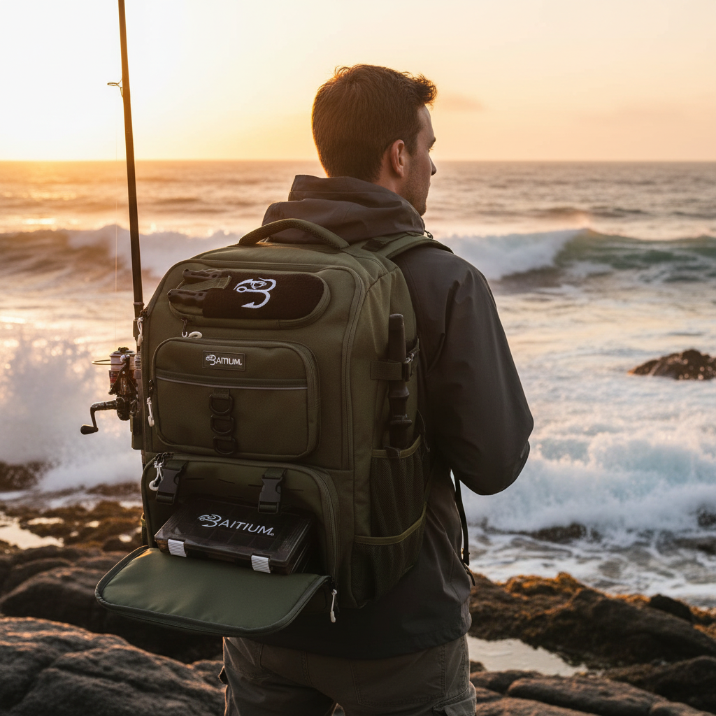 Angler wearing Baitium fishing tackle backpack on coastal shoreline at golden hour