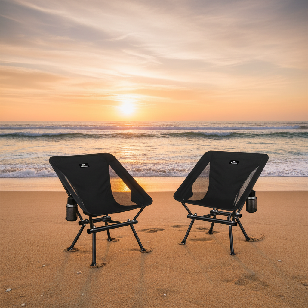 Two folding camping chairs set up on a sandy beach at sunset with ocean waves in the background