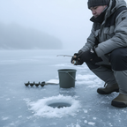 Black thermal fishing gloves worn by angler ice fishing on frozen lake