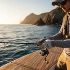 Grey fingerless gloves worn by angler holding fishing rod at golden hour