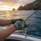 Fingerless fishing gloves worn by angler on boat at golden hour