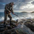 Landing net on coastal rocks