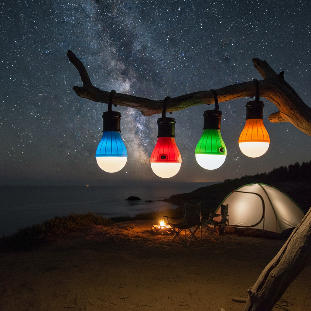 LED camping bulbs at coastal campsite