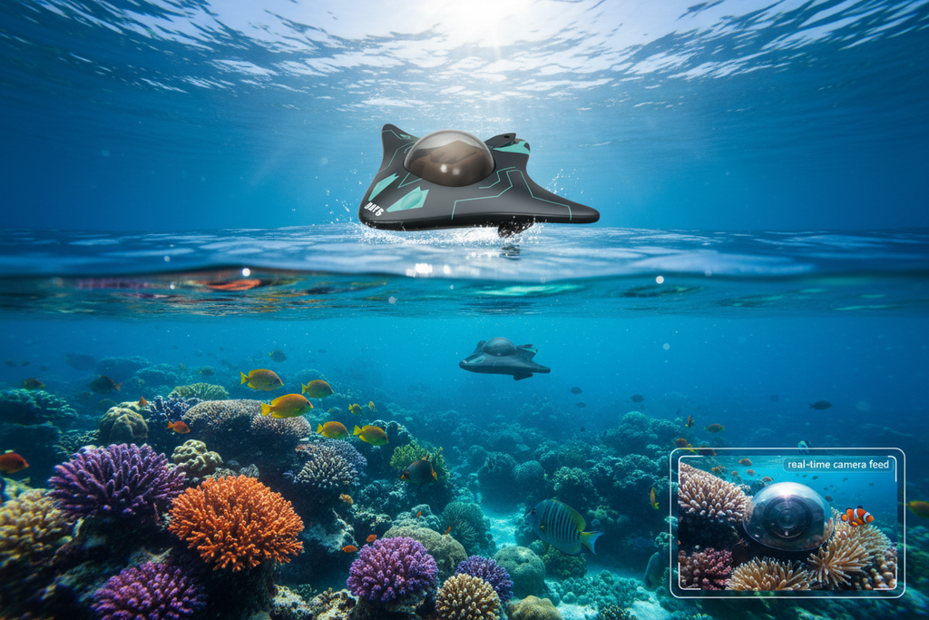 Manta ray RC boat split underwater view