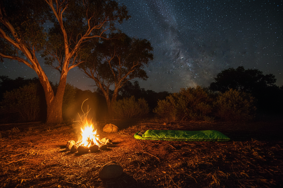Sleeping bag by campfire