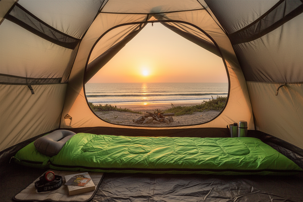 Sleeping bag in coastal tent