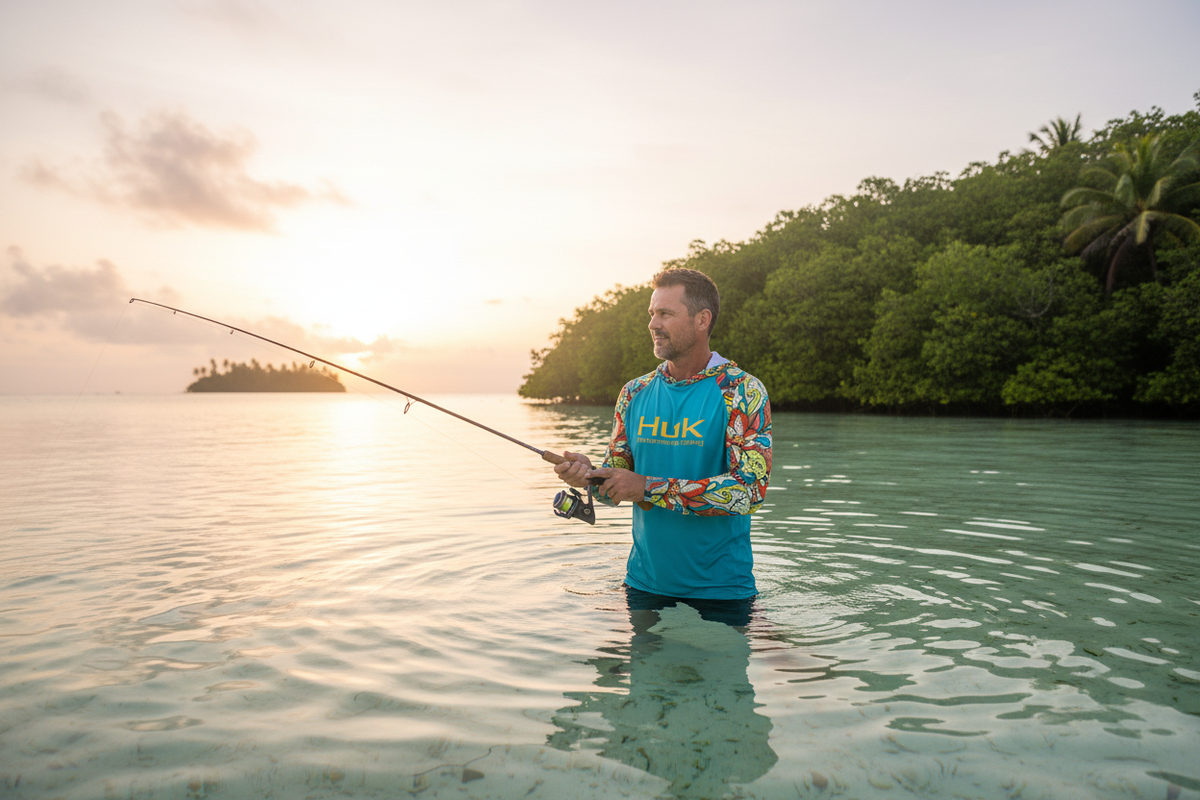 Teal fishing hoodie in tropical shallows