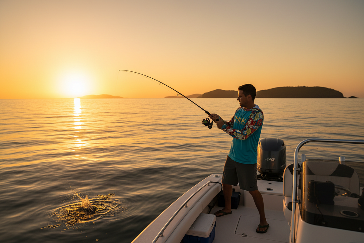 Teal fishing hoodie on boat at sunrise