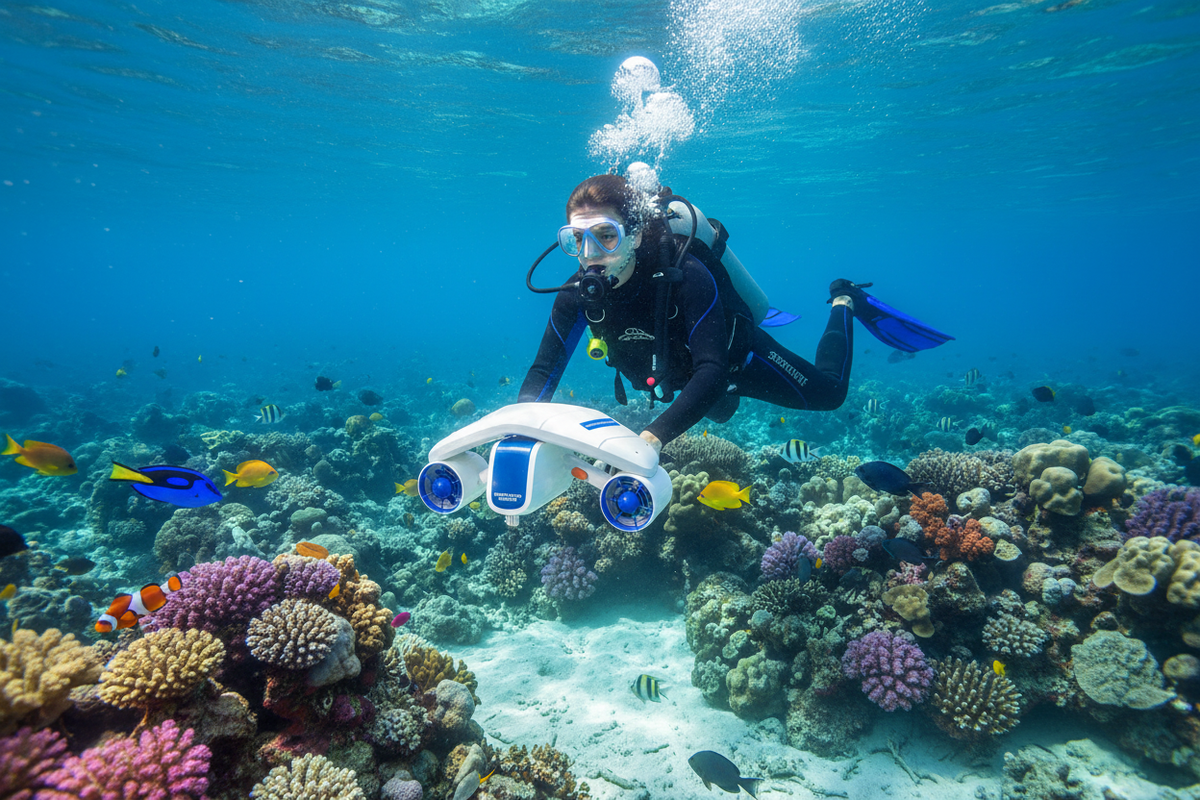 Underwater scooter coral reef dive