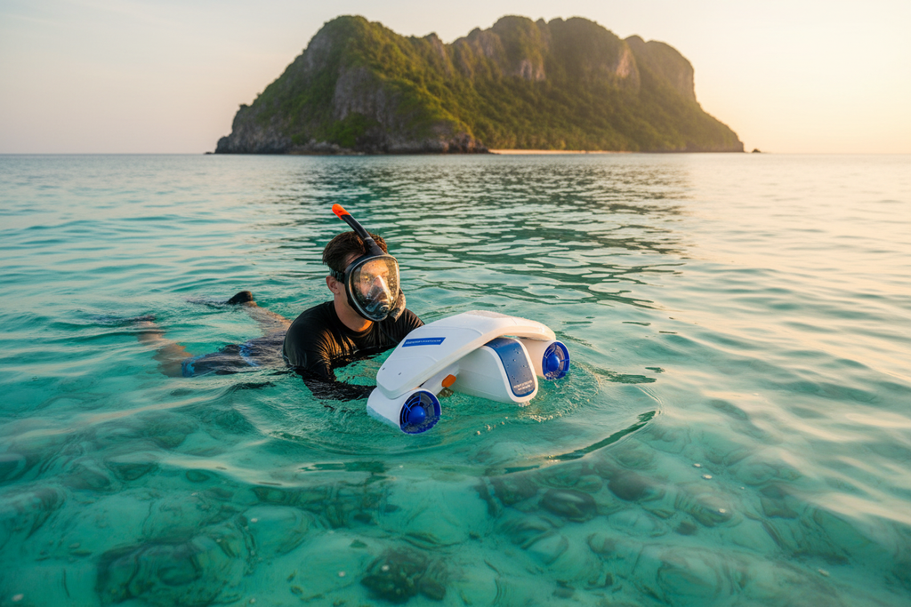 Underwater scooter golden hour surface